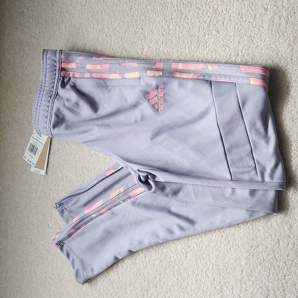 Adidas girls XL soccer pants. Light Grey with pink/orange detail.